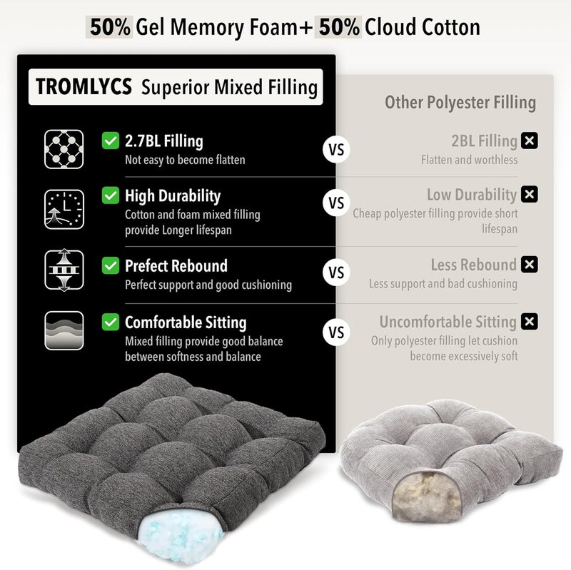 Tromlycs Floor Pillows for Adults Floor Cushions Seating Large Square Pillow Gel Memory Foam 20 x 20 x 4 Inch Dark Grey Set of 2 - Image 5